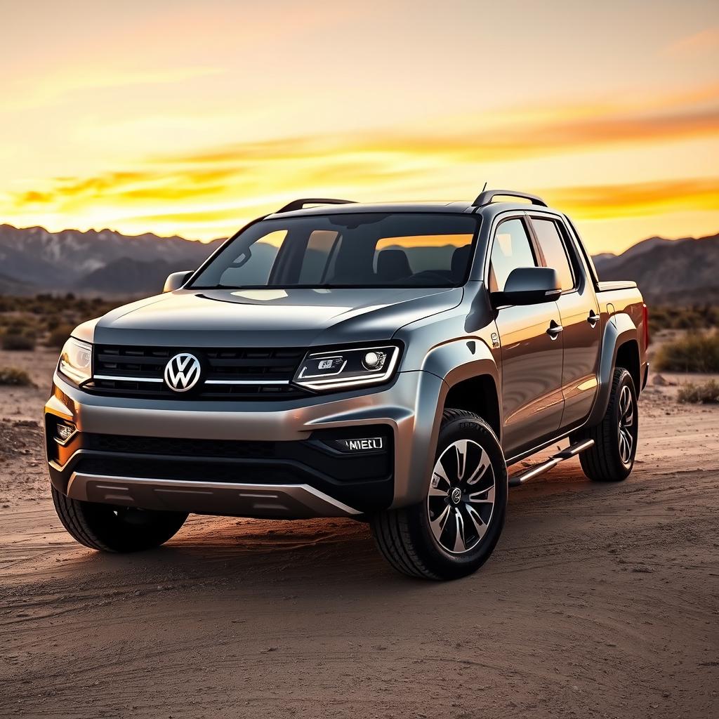 A stunning Volkswagen Amarok 2027 parked in an outdoor setting, showcasing its sleek, modern design with prominent features observed in the latest teaser