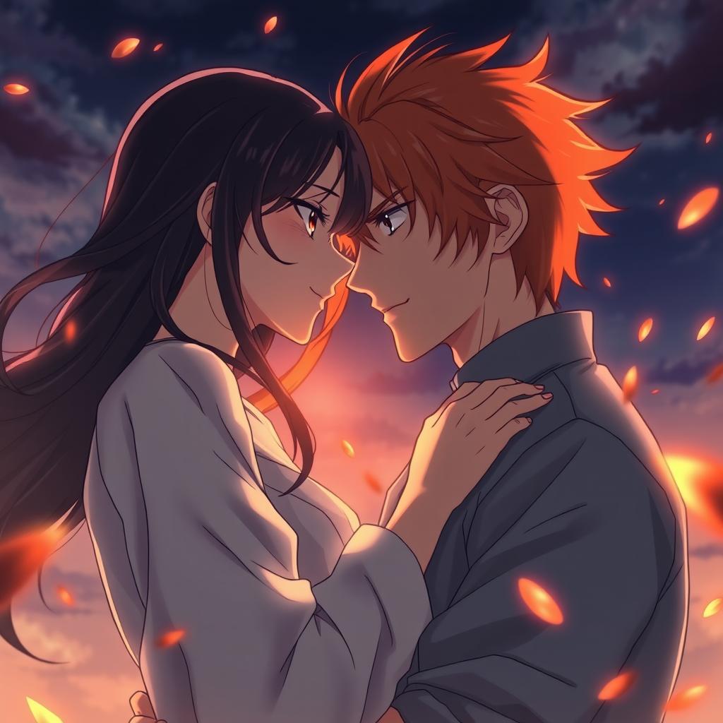 An anime-style romantic scene featuring a couple standing inches apart, enveloped in intense tension as if time has frozen just before they give in