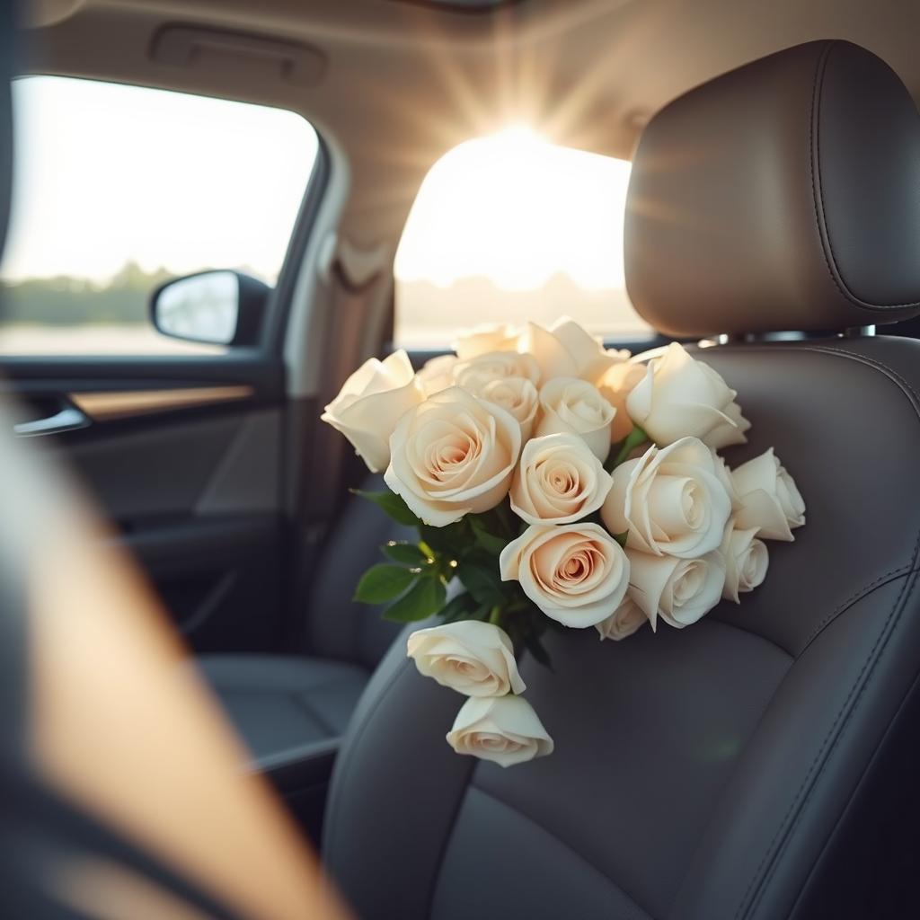 A romantic arrangement of white roses in the interior of a Kia Optima, with the flowers beautifully placed on the passenger seat, soft sunlight streaming through the car windows, enhancing the delicate petals of the roses