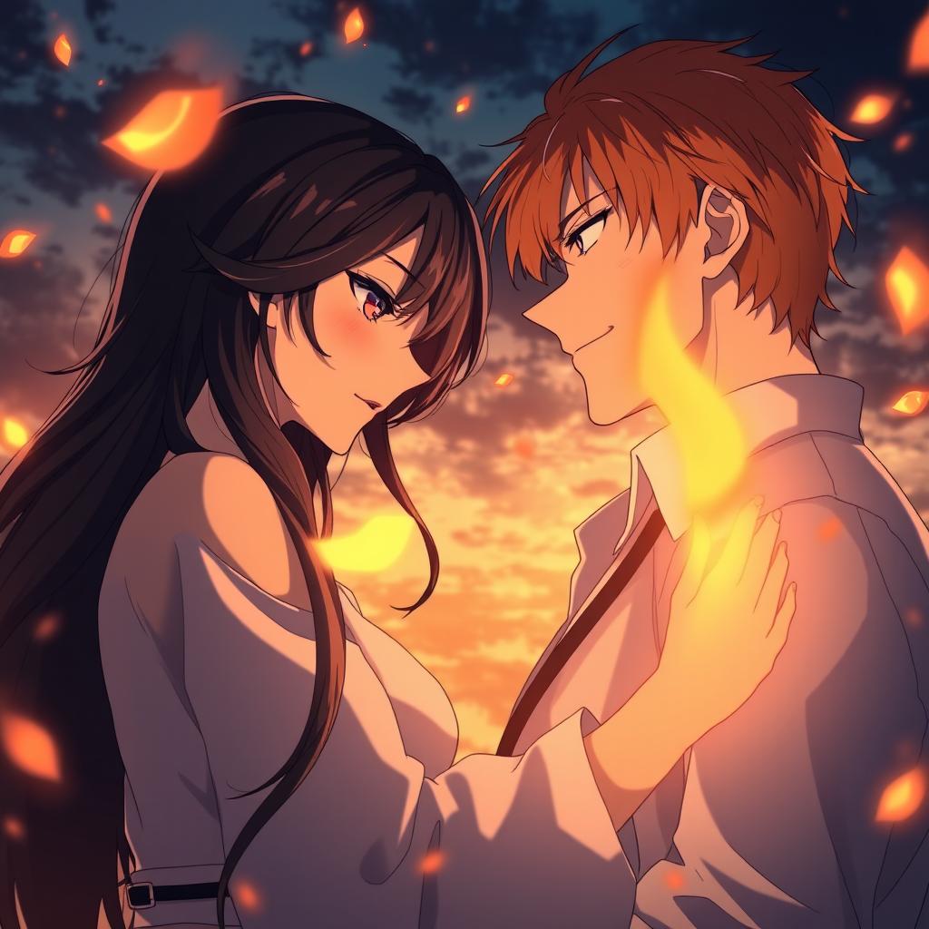 An anime-style romantic scene depicting a couple standing inches apart, enveloped in intense tension as if time has frozen just before they give in