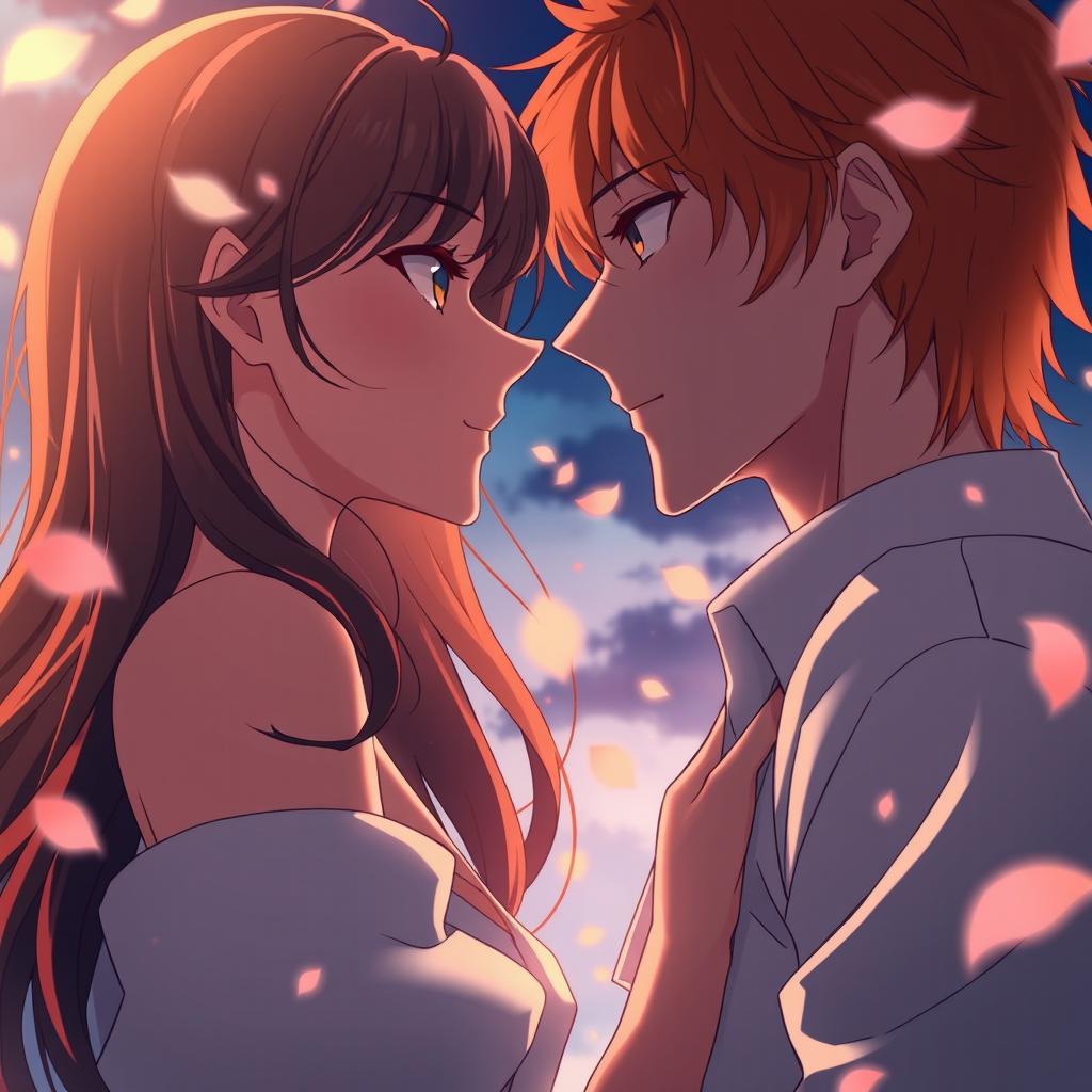 An anime-style romantic scene depicting a couple standing inches apart, enveloped in intense tension as if time has stopped just before they give in
