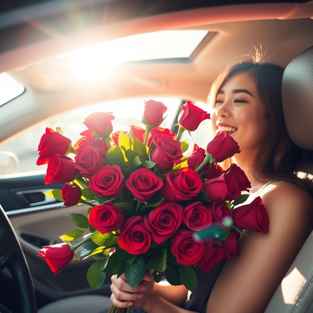 A beautiful arrangement of red roses in a car, specifically a 2017 Kia Optima