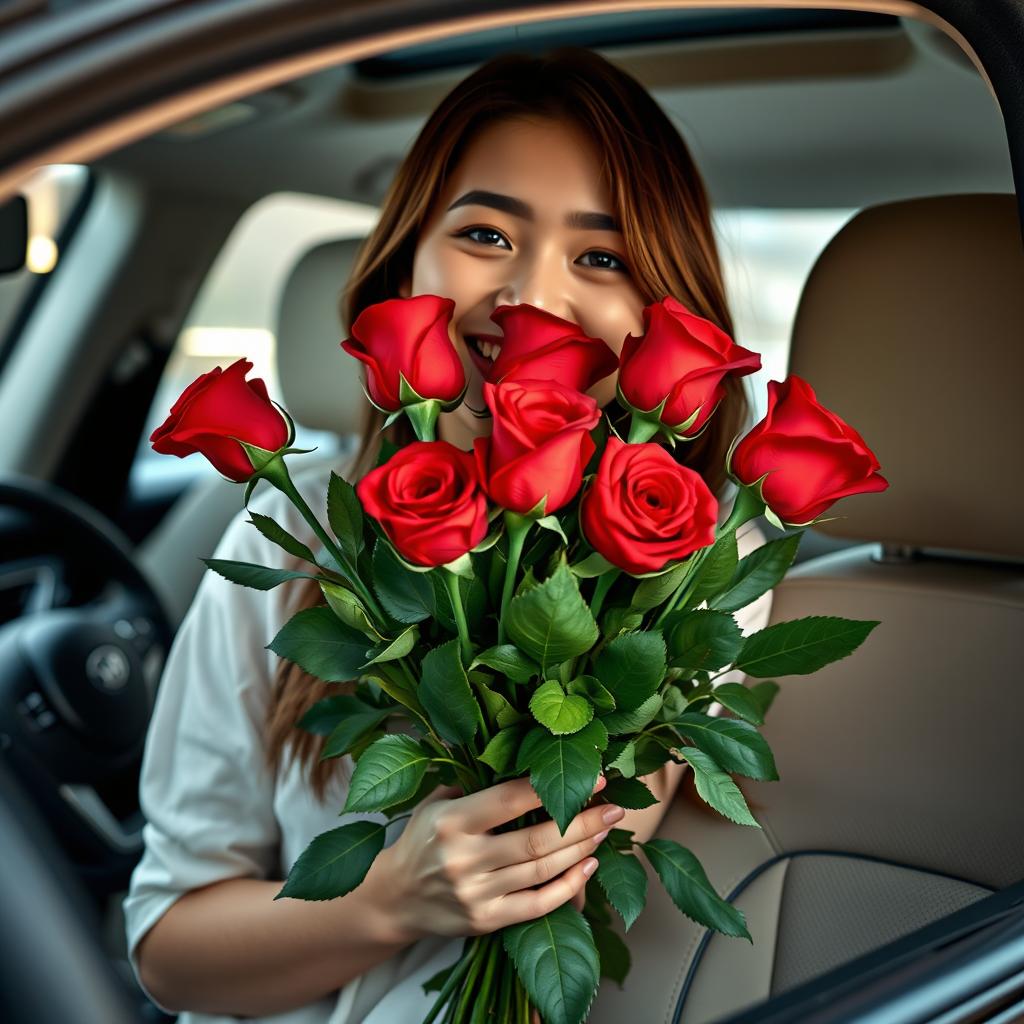 A young woman holding a bouquet of Ambassador roses inside a 2017 Optima car