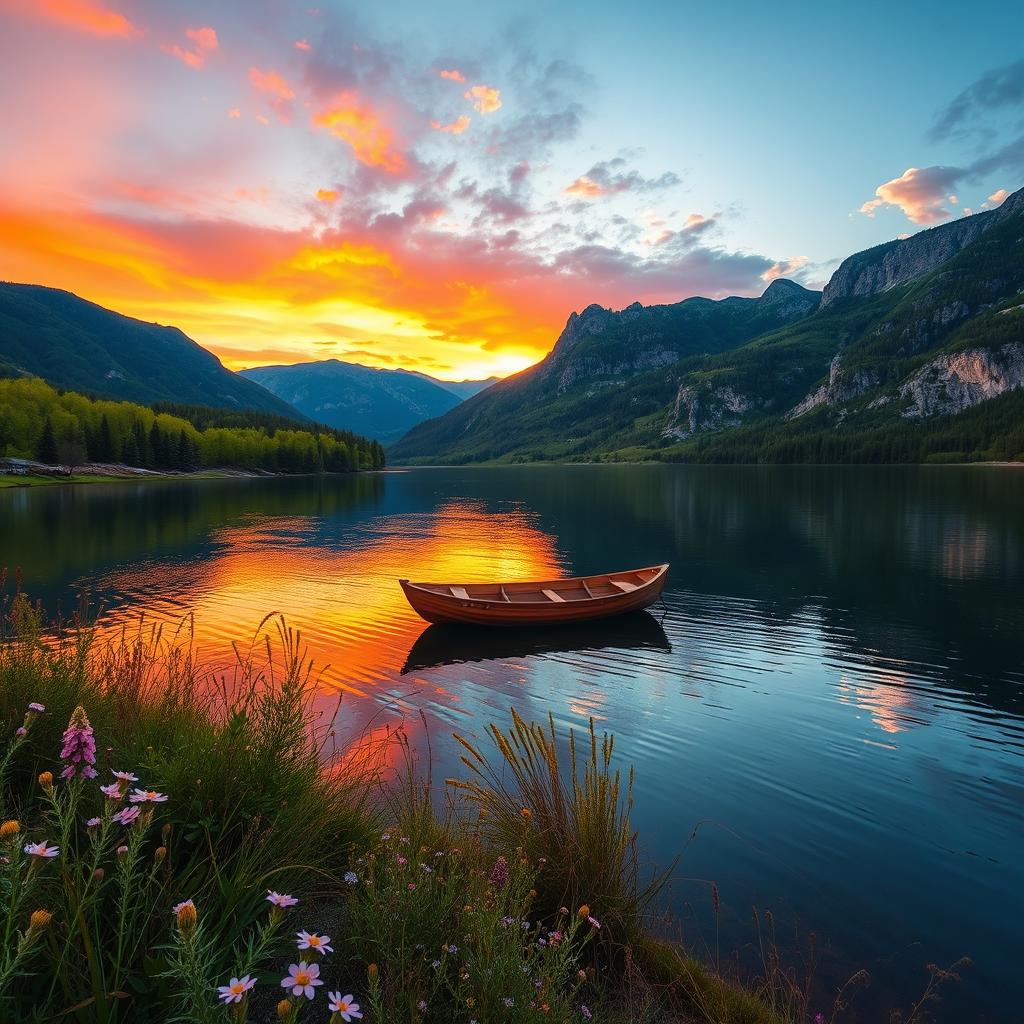 A stunning, vibrant landscape at sunset featuring a calm lake surrounded by lush green trees and rocky mountains in the background