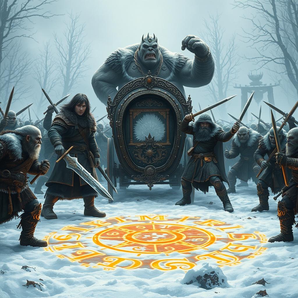 An epic scene in a snow-covered glade during the climax of a battle