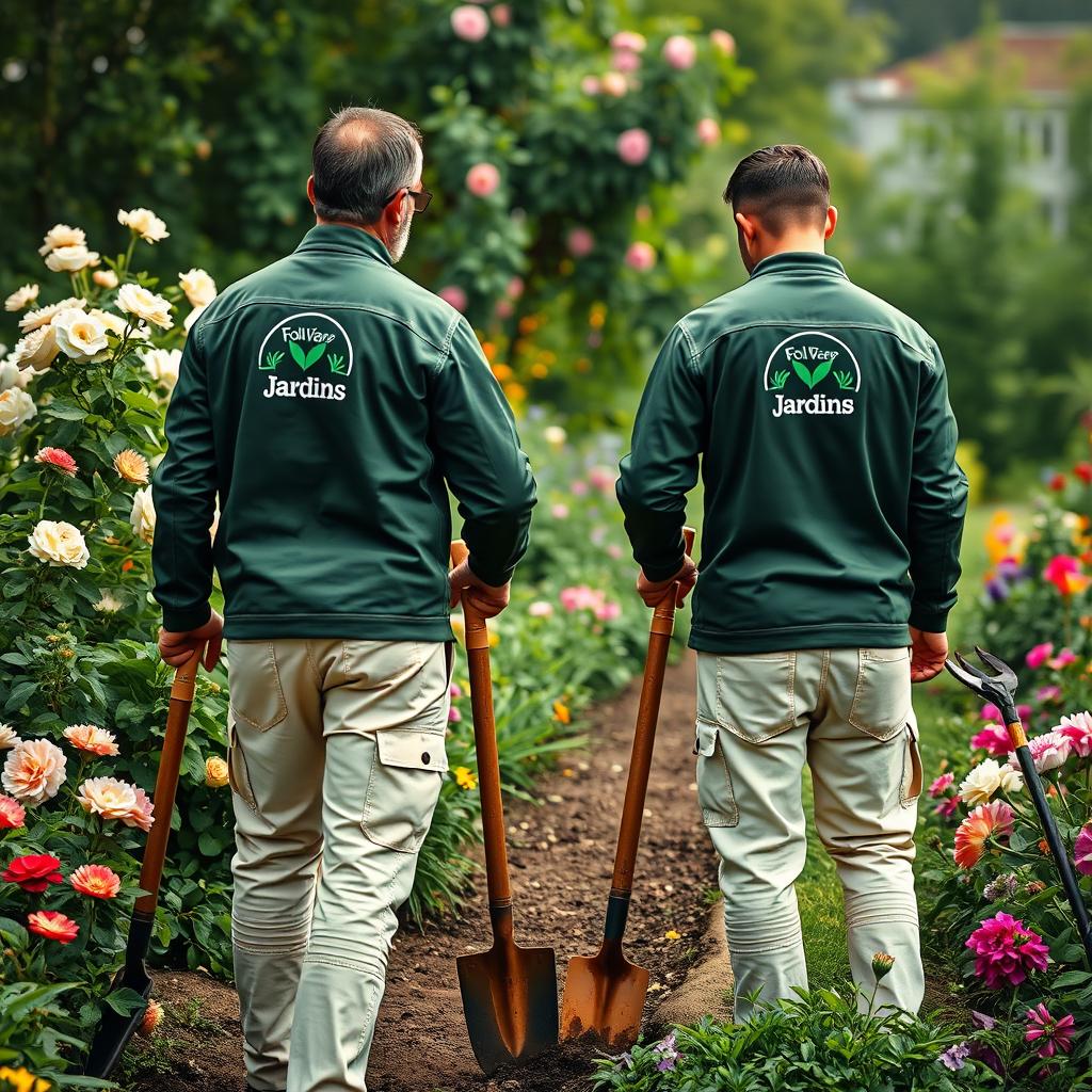 A realistic image depicting two men actively working in a garden