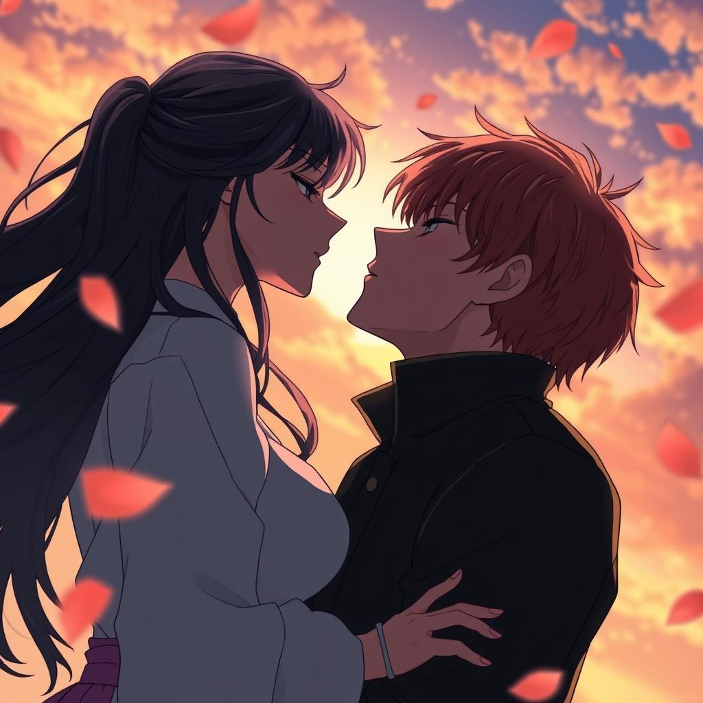 An anime-style romantic scene depicting a couple standing inches apart, locked in intense tension as they share a passionate kiss