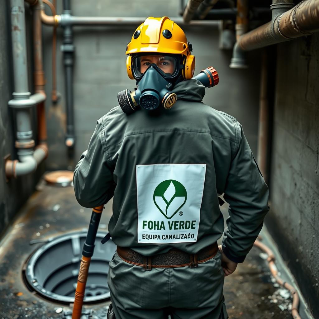 A realistic image depicting a man wearing full personal protective equipment (EPI), including a gas mask, with the logo 'FOLHA VERDE - EQUIPA CANALIZAÇÃO' displayed on the back of his uniform