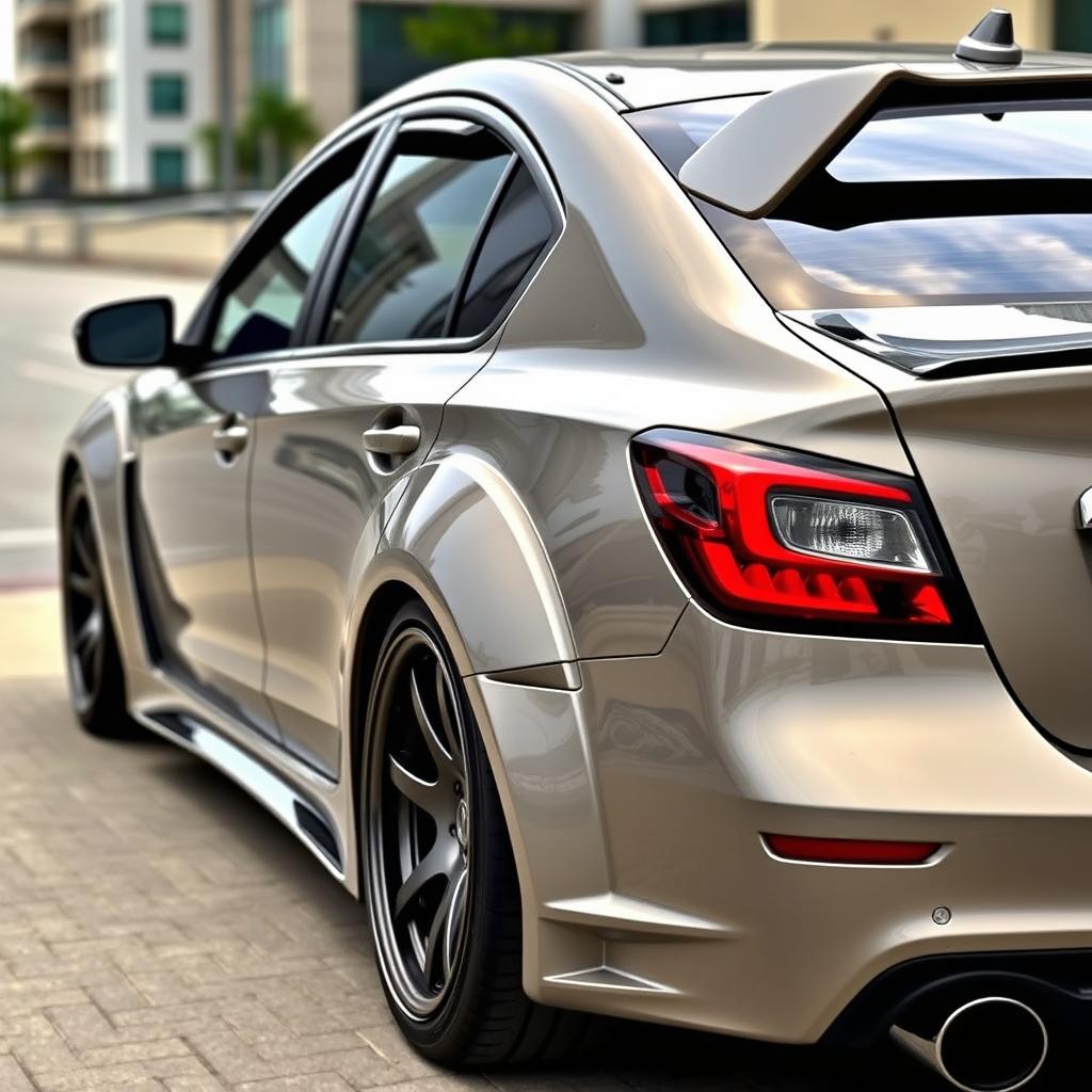 A stunning modified car featuring sporty fender flares, an aggressive rear wing spoiler, and striking aftermarket wheels