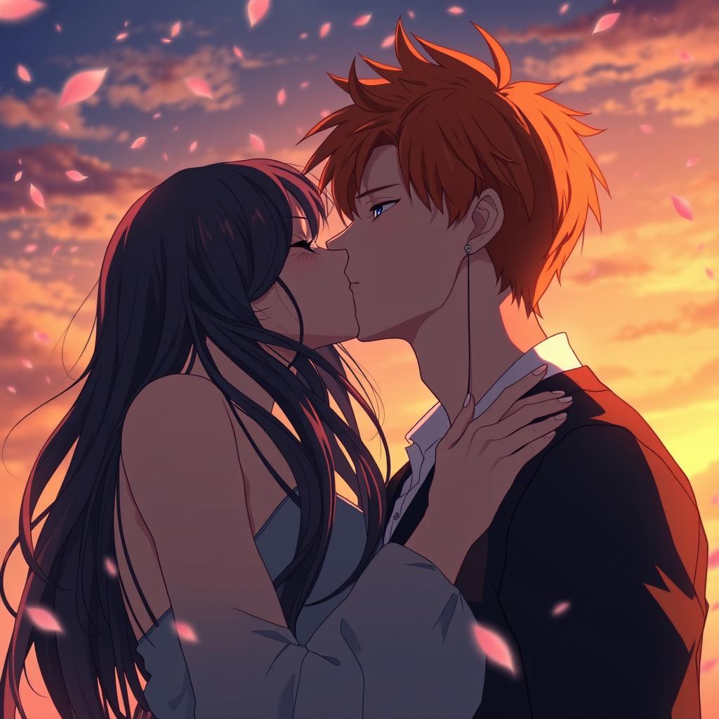 An anime-style romantic scene showcasing a couple locked in intense tension as they share a passionate kiss