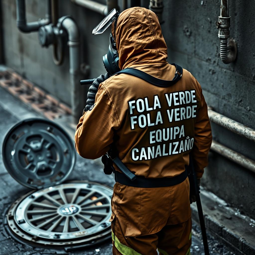 A realistic image of a man wearing full personal protective equipment (EPI), with 'FOLHA VERDE - EQUIPA CANALIZAÇÃO' printed on the back of his outfit