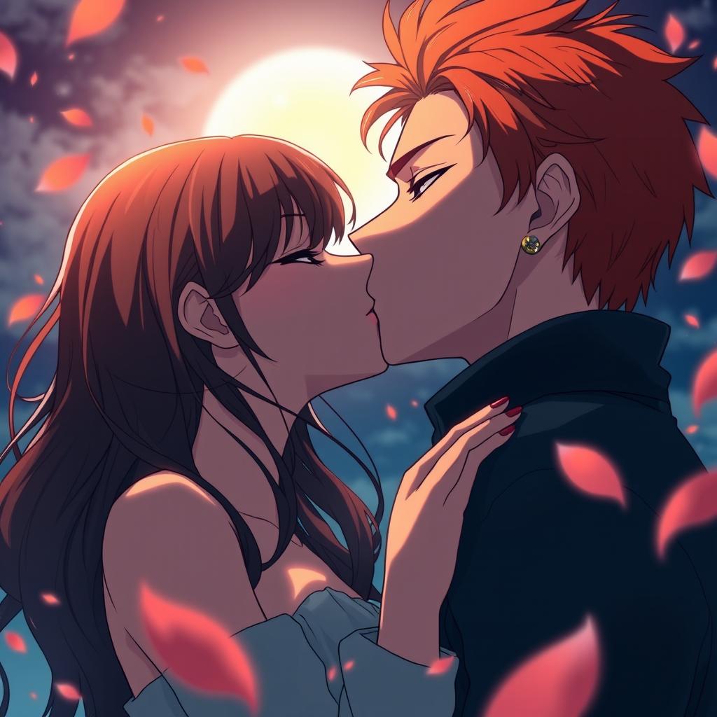 An anime-style romantic scene depicting a couple engaged in an intense kiss