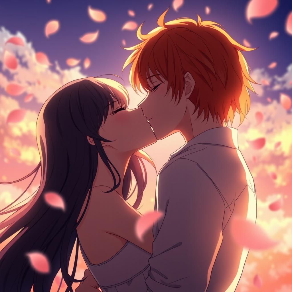 An anime-style romantic scene showcasing a couple engaged in an intense kiss