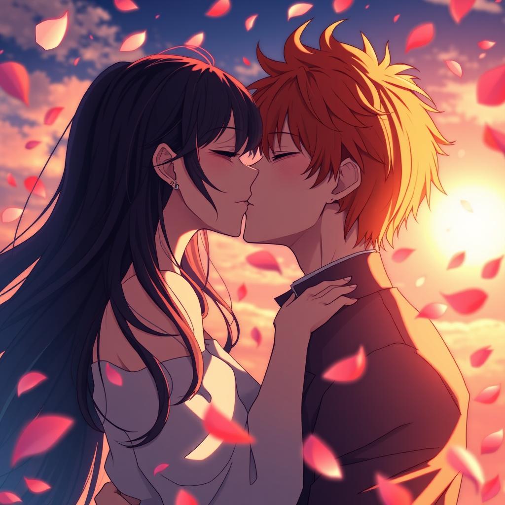 An anime-style romantic scene depicting a couple sharing a passionate kiss
