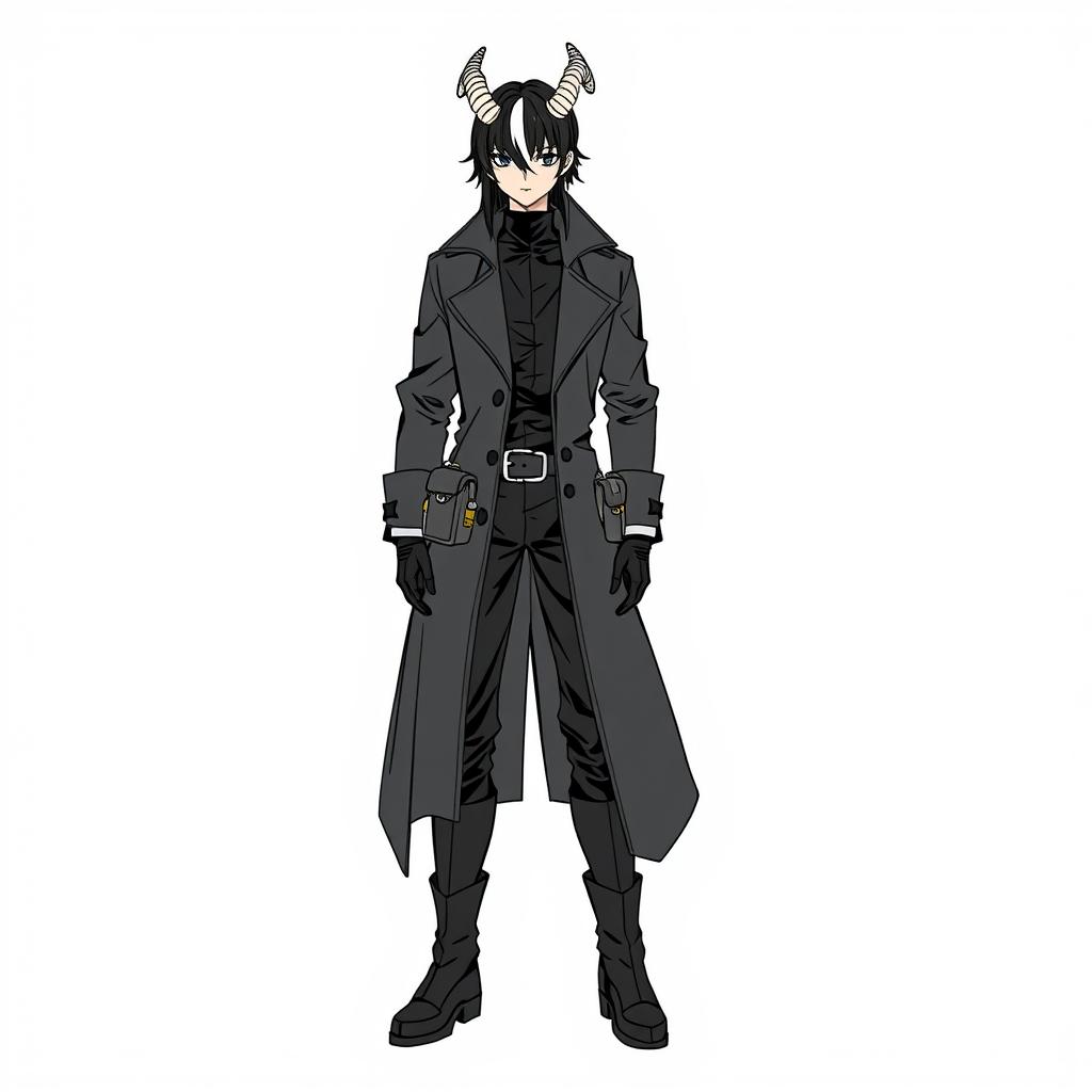 A character dressed in a long dark trench coat with a high collar, wearing a black shirt and pants