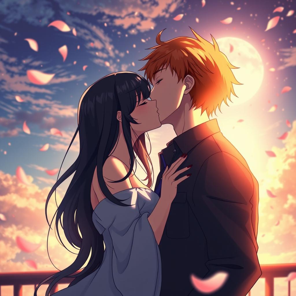 An anime-style romantic scene portraying a couple sharing a passionate kiss