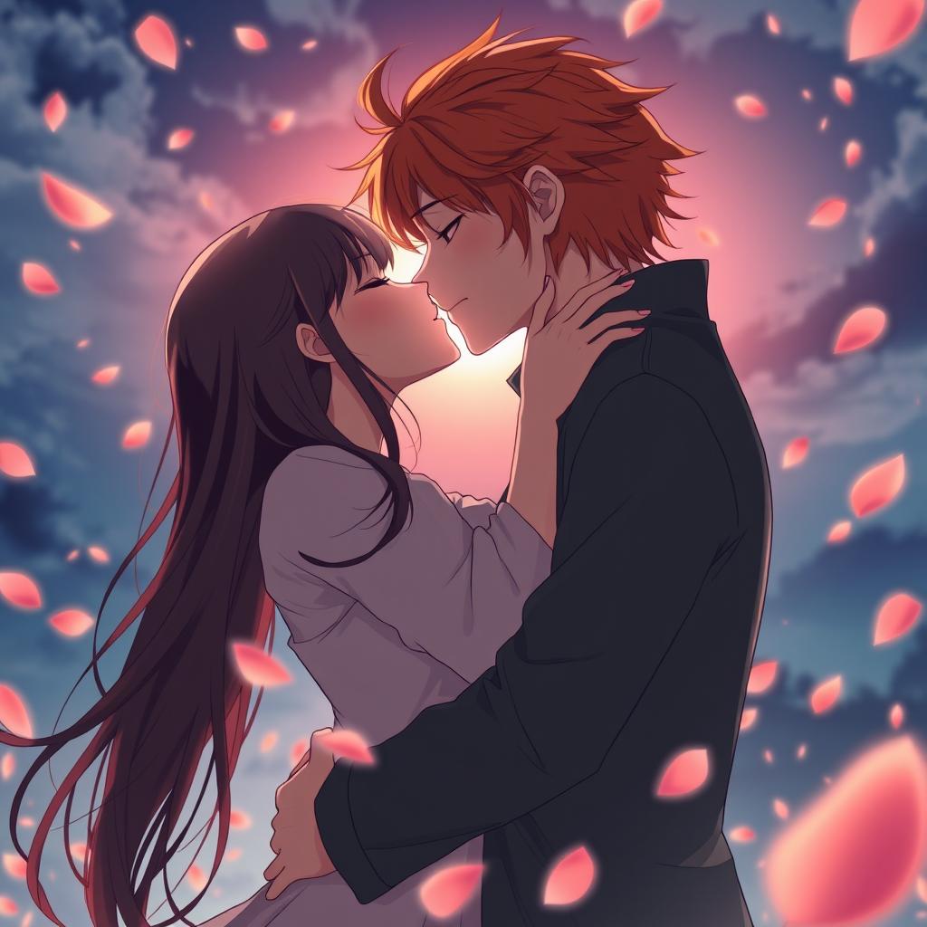 An anime-style romantic scene depicting a couple sharing a passionate kiss