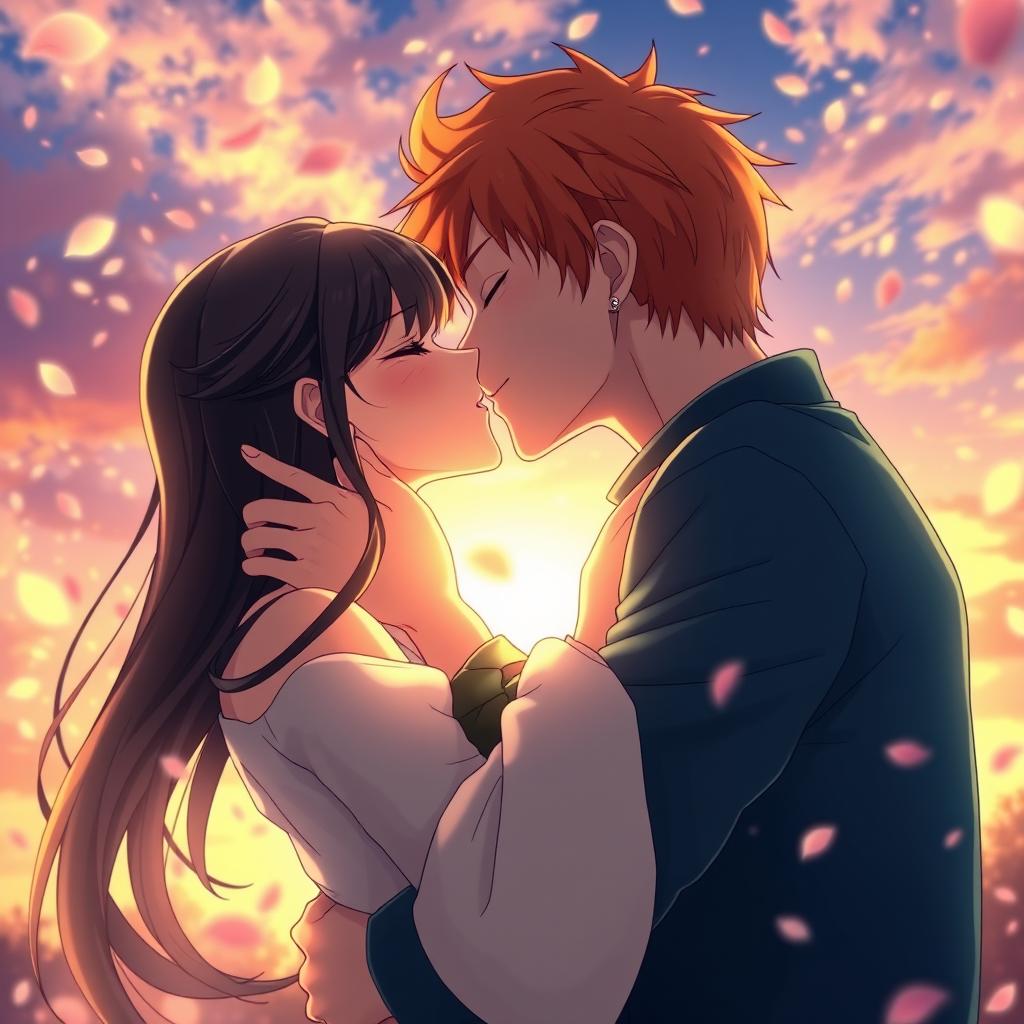 An anime-style romantic scene illustrating a couple sharing a passionate kiss