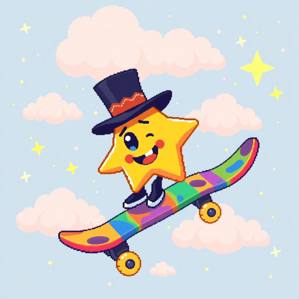 A whimsical pixel art scene featuring a one-eyed star adorned with a stylish top hat