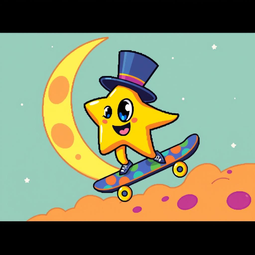 A whimsical scene featuring a one-eyed star wearing a stylish top hat, joyfully riding a colorful skateboard that resembles a vibrant moon