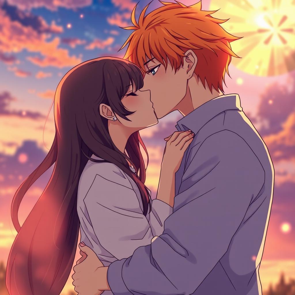 An anime-style romantic scene depicting a couple in a passionate kiss
