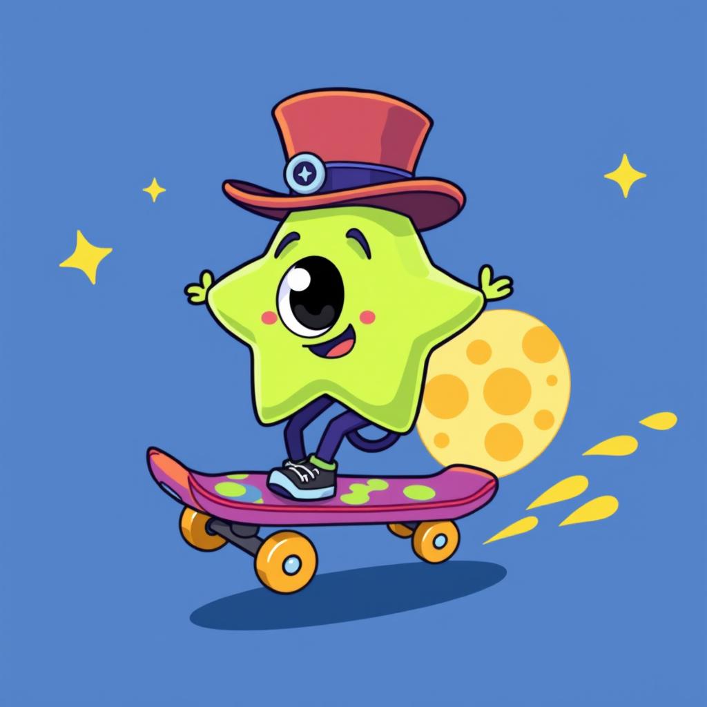 A whimsical one-eyed star character wearing a stylish top hat, skillfully riding a vibrant, colorful skateboard shaped like a moon
