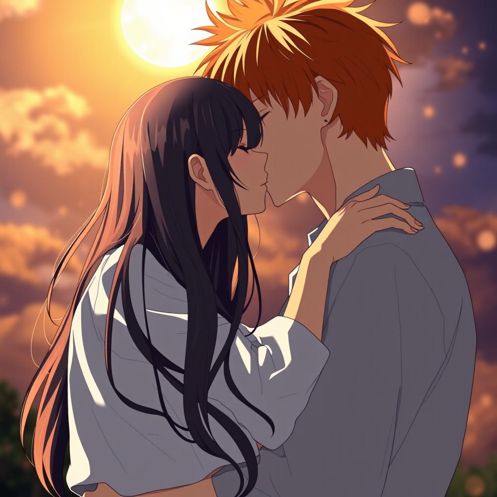 An anime-style romantic scene showcasing a couple engaged in a passionate kiss