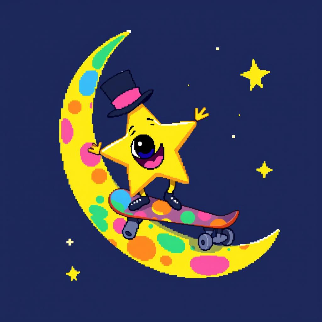 A whimsical pixel art scene featuring a one-eyed star wearing a classy top hat, joyfully playing on a colorful skateboard that resembles a vibrant moon