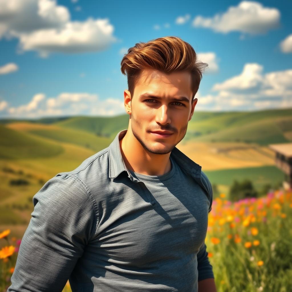 A strikingly handsome man stands confidently in a picturesque landscape, his strong features highlighted by a gentle sunlight