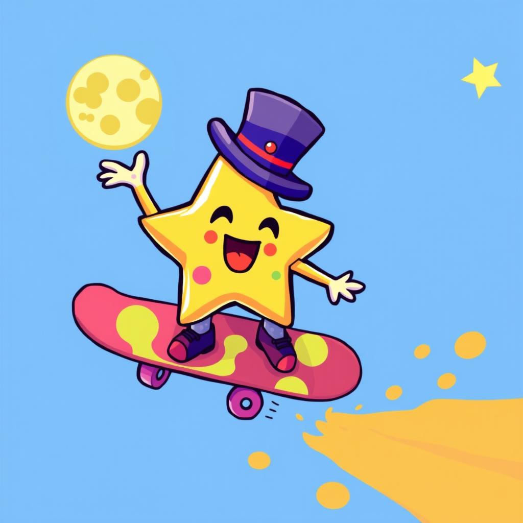 A whimsical one-eyed star character wearing a stylish top hat, joyfully playing a vibrant and colorful skateboard that resembles the moon