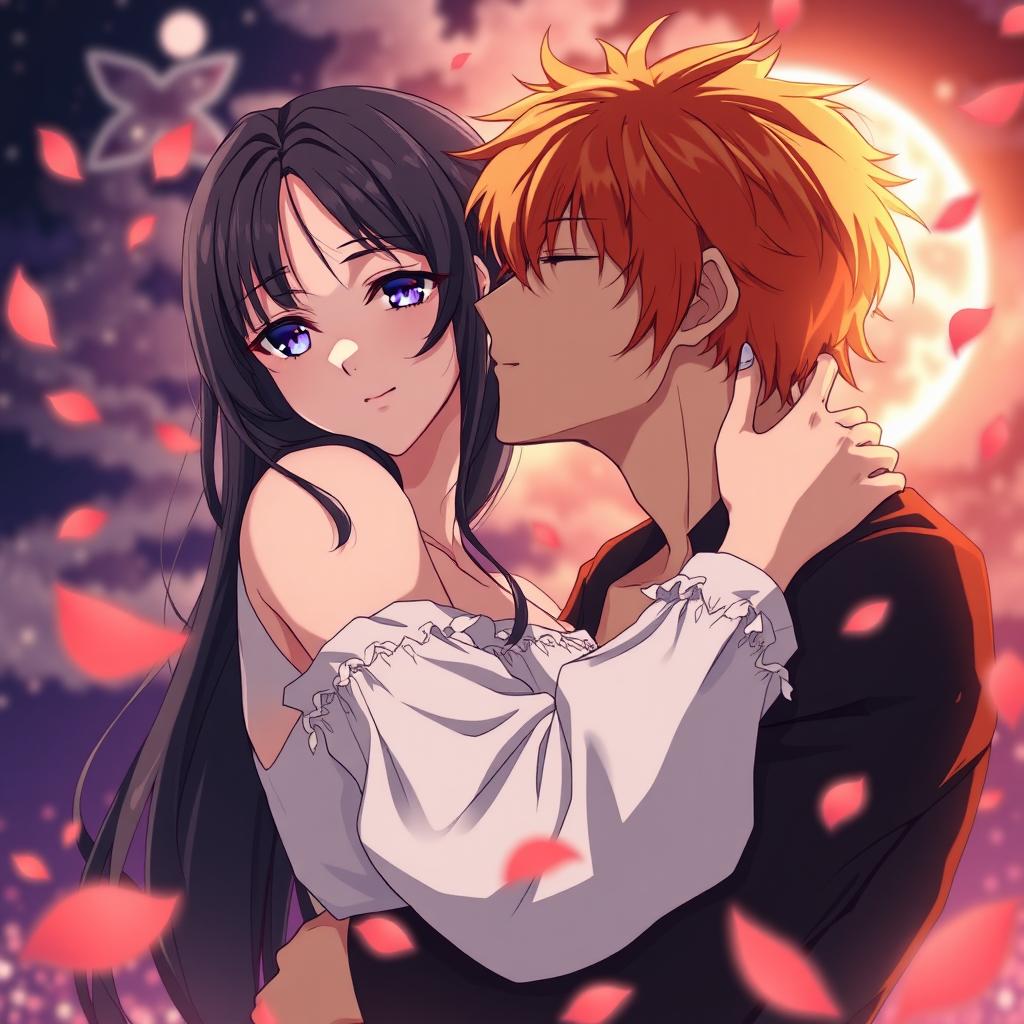 An anime-style romantic scene capturing a couple in a moment of passion