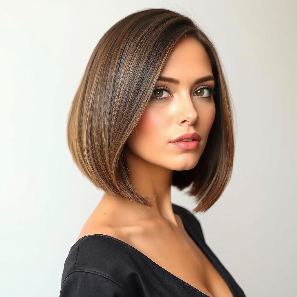 A stylish woman with a chic bob haircut in a classic bob style, featuring sleek, straight strands that frame her face elegantly