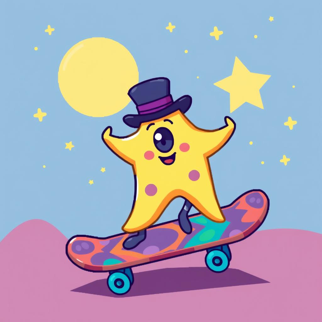 A whimsical one-eyed star wearing a stylish top hat, gracefully playing on a colorful skateboard moon