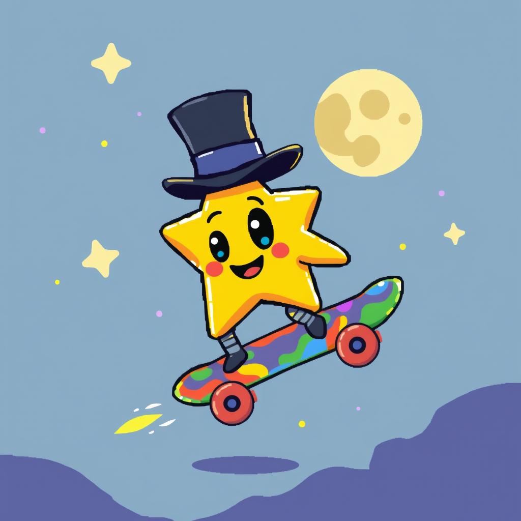 A whimsical scene featuring a one-eyed star wearing a classic top hat, playfully riding a vibrant, colorful skateboard that resembles a moon