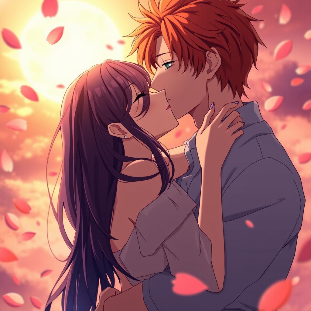 An anime-style romantic scene featuring a couple in a passionate moment