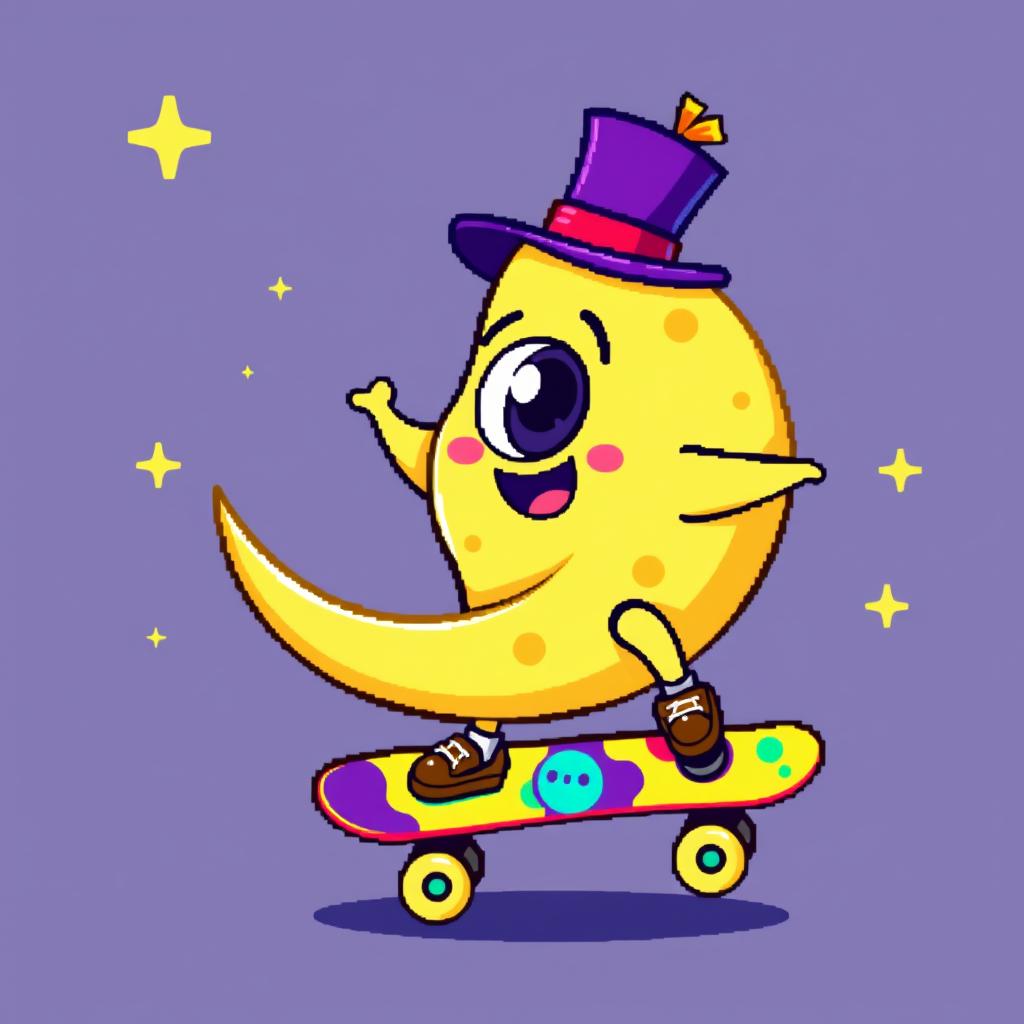 A whimsical one-eyed star wearing a stylish top hat, skillfully playing on a colorful skateboard that resembles a moon