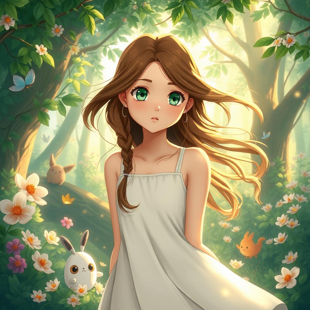 A young woman with striking green eyes, embodying the enchanting and whimsical style of Studio Ghibli