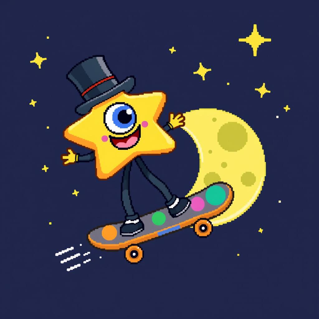 A whimsical, pixel art scene featuring a one-eyed star wearing a classic top hat