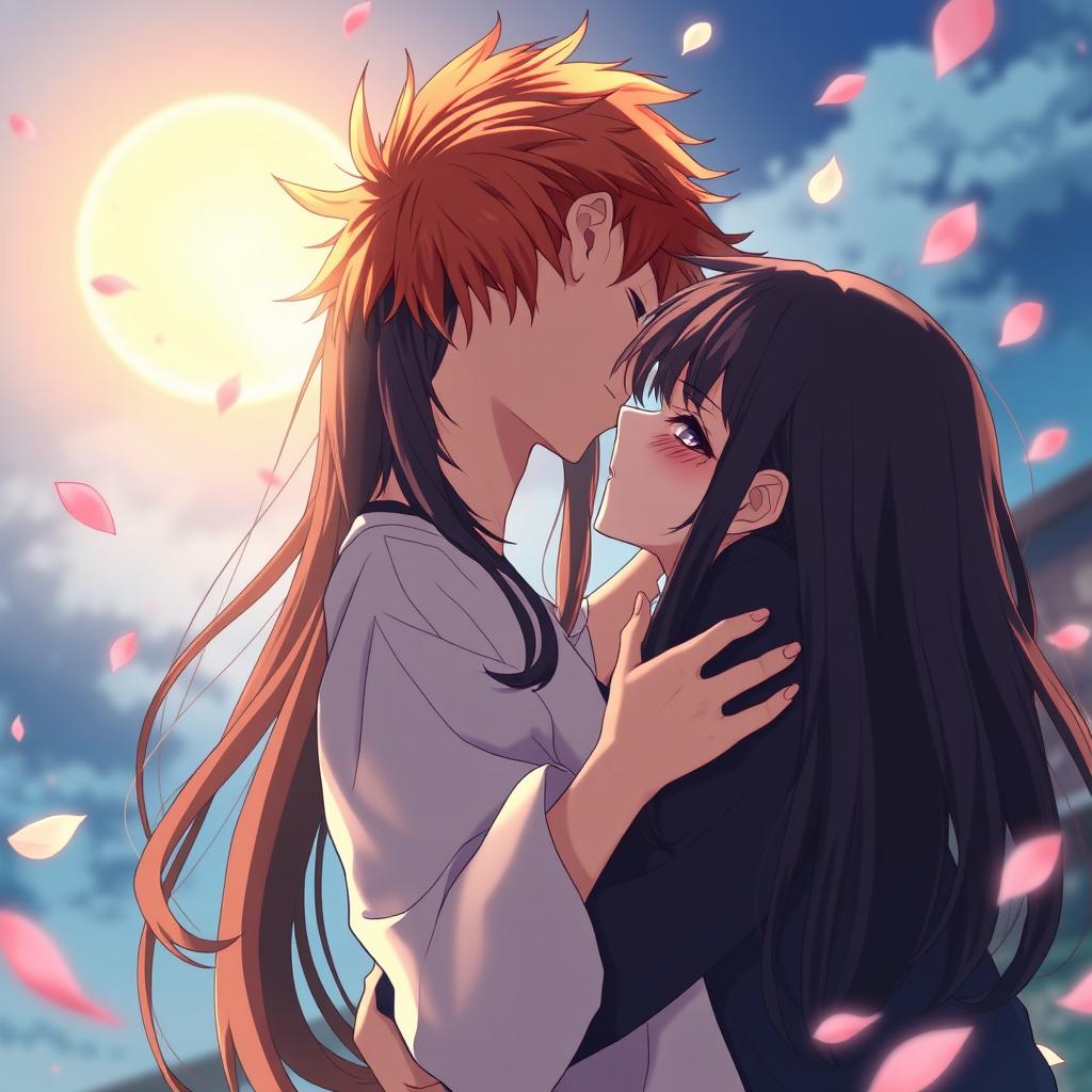 An anime-style romantic scene depicting a couple in a moment of passion