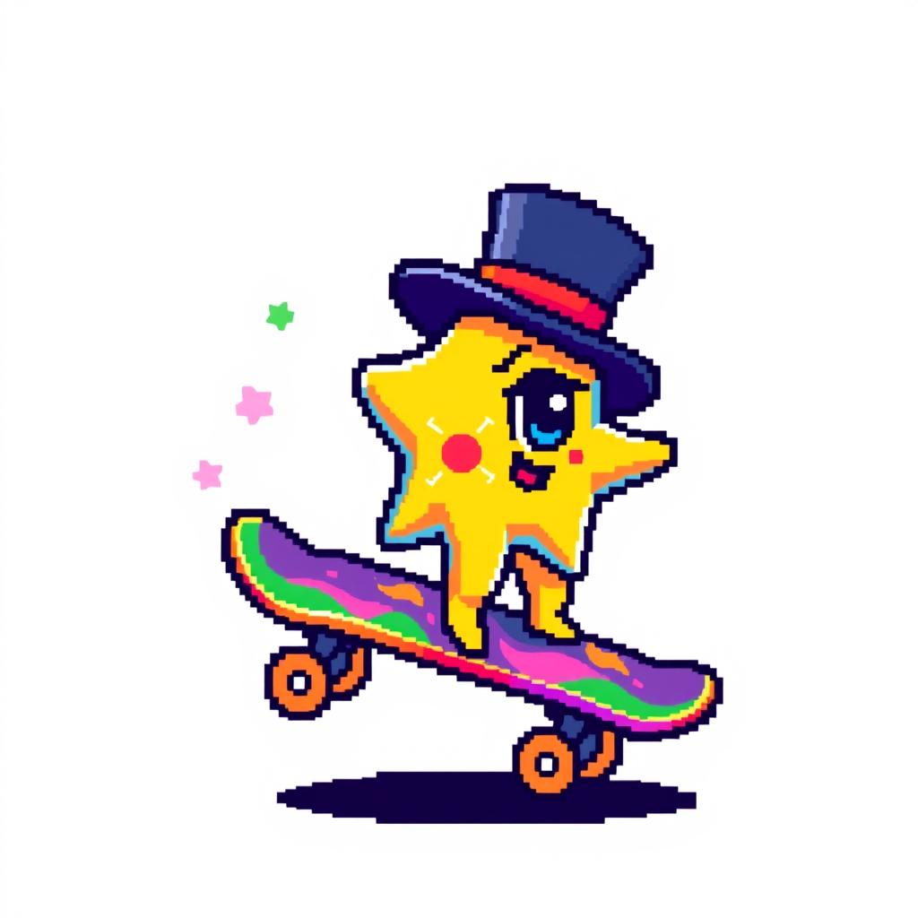 A whimsical one-eyed star wearing a stylish top hat, playfully riding on a colorful skateboard-shaped moon