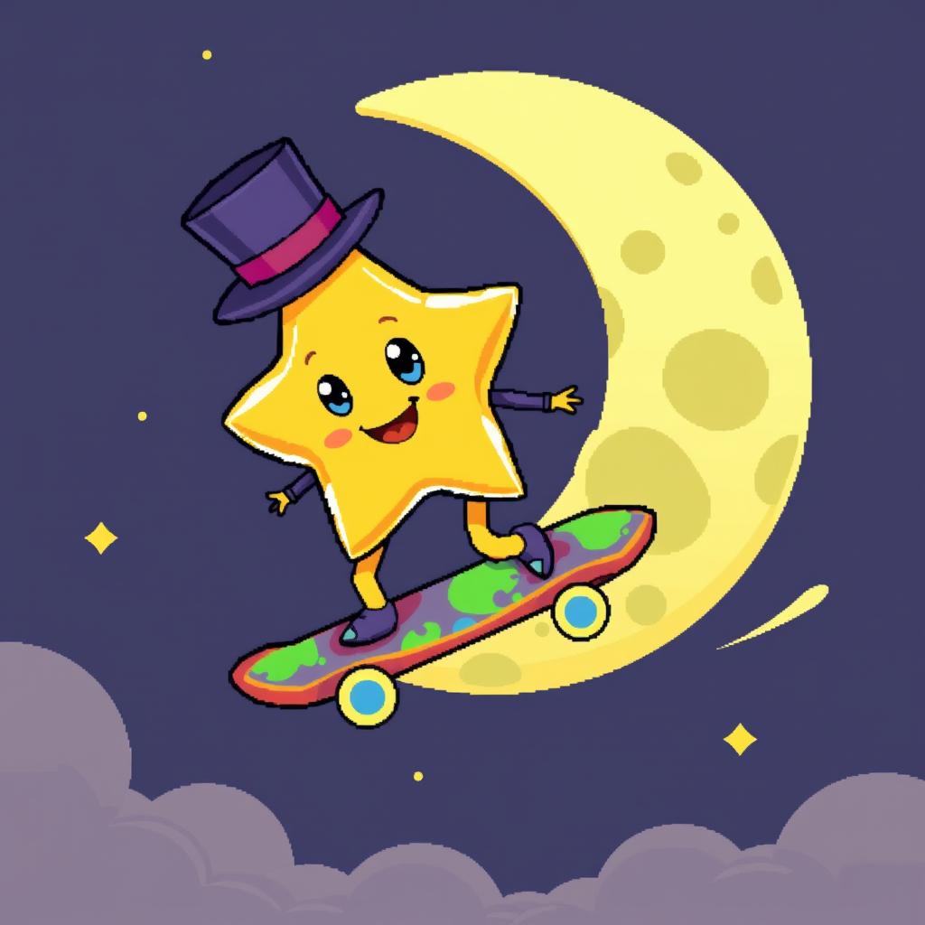 A whimsical one-eyed star wearing a top hat, effortlessly riding a vibrant, colorful skateboard moon