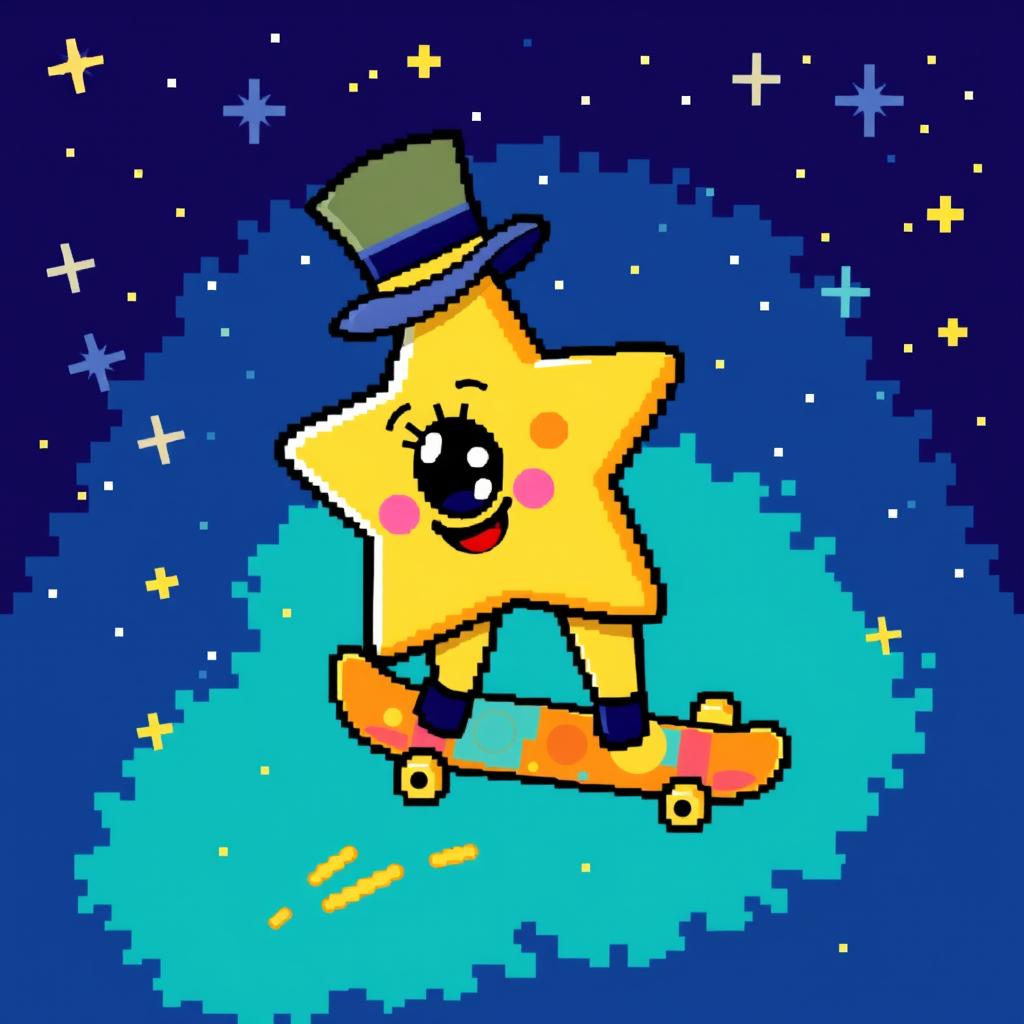 A whimsical, pixel art scene featuring a one-eyed star wearing a stylish top hat