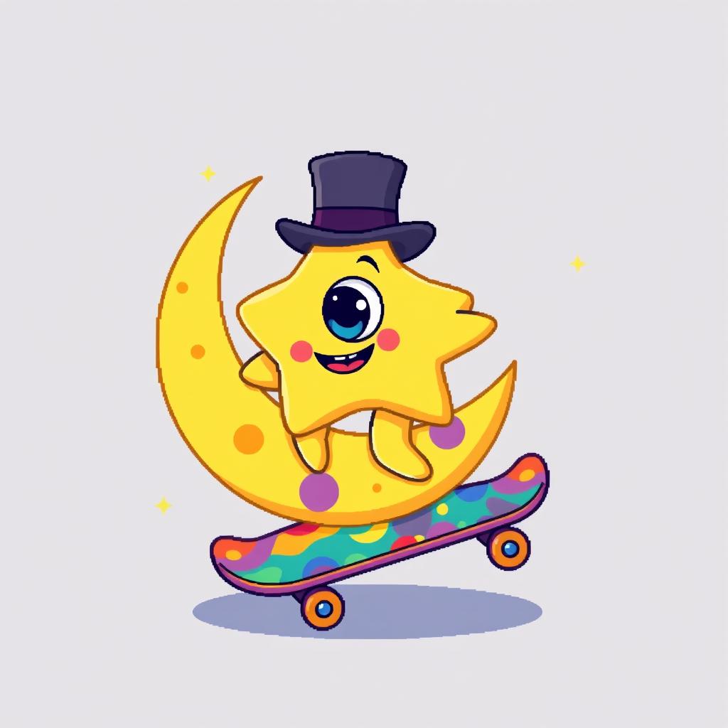 A whimsical scene featuring a one-eyed star wearing a top hat, playfully riding a colorful skateboard moon