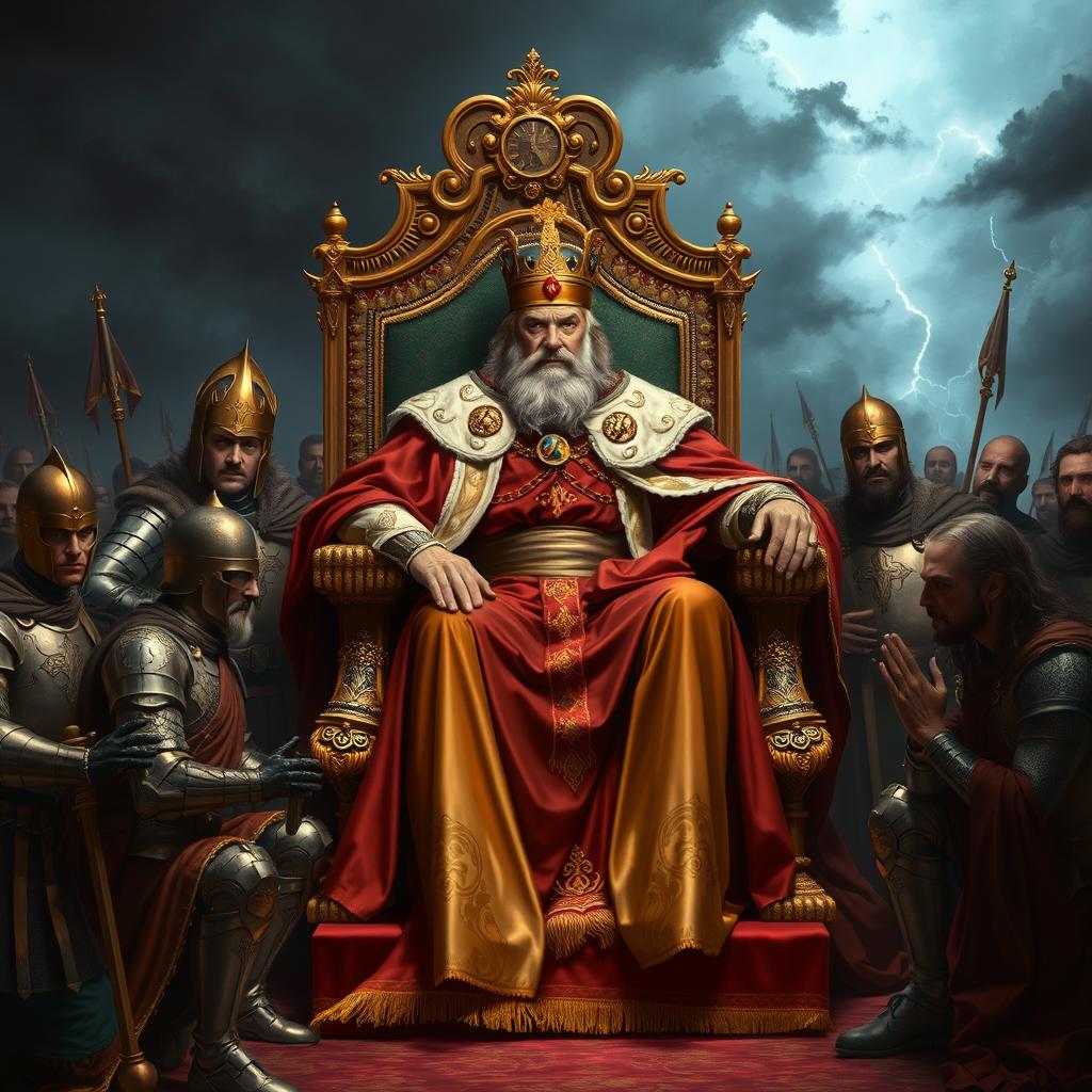 A regal scene portraying a powerful king seated on an ornate throne, exuding an aura of respect and authority