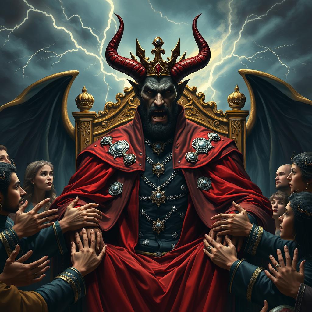 An imposing scene featuring a king-like figure who embodies both majesty and danger