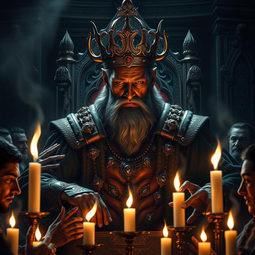 A powerful and imposing figure exuding the essence of a king, surrounded by loyal subordinates in a grand throne room