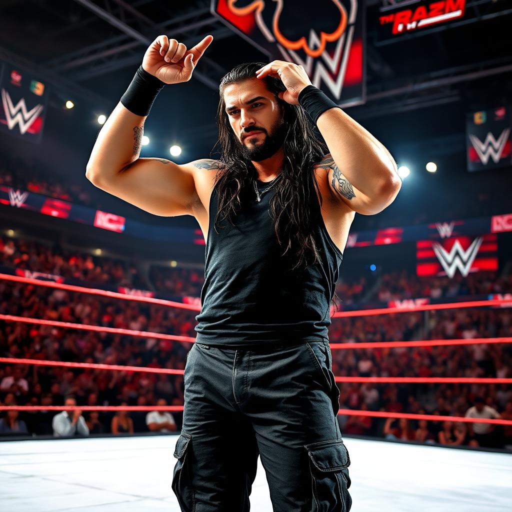 A dramatic portrayal of a charismatic wrestler resembling Roman Reigns, with long dark hair and a tribal tattoo, standing in a wrestling ring