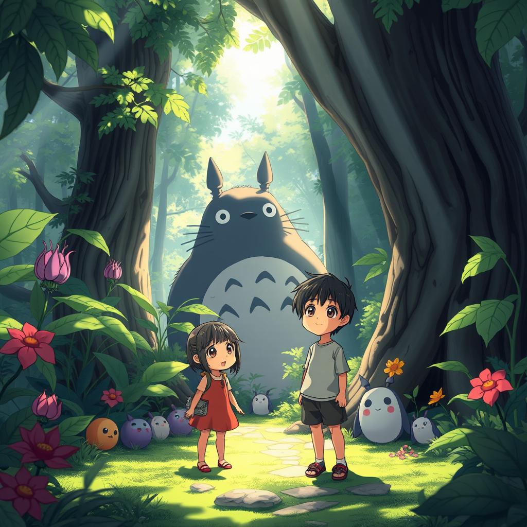 A vibrant anime scene inspired by the movie My Neighbor Totoro, featuring two characters standing in a lush, magical forest filled with oversized plants and whimsical creatures