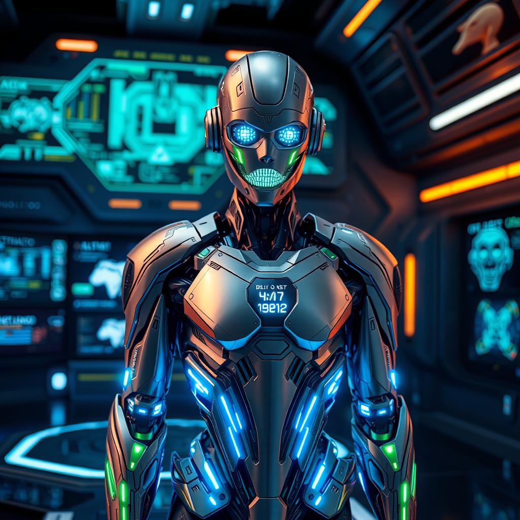 A futuristic cybernetic executor, known as 'Delta', standing in a sleek, high-tech environment