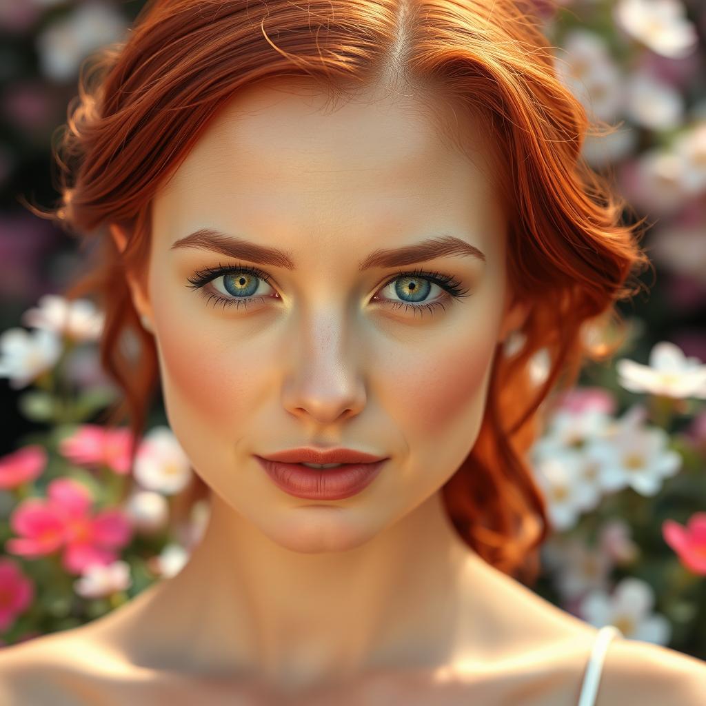 A close-up portrait of a woman with vibrant red hair styled in loose waves, her fair skin glowing and smooth, exuding confidence and beauty